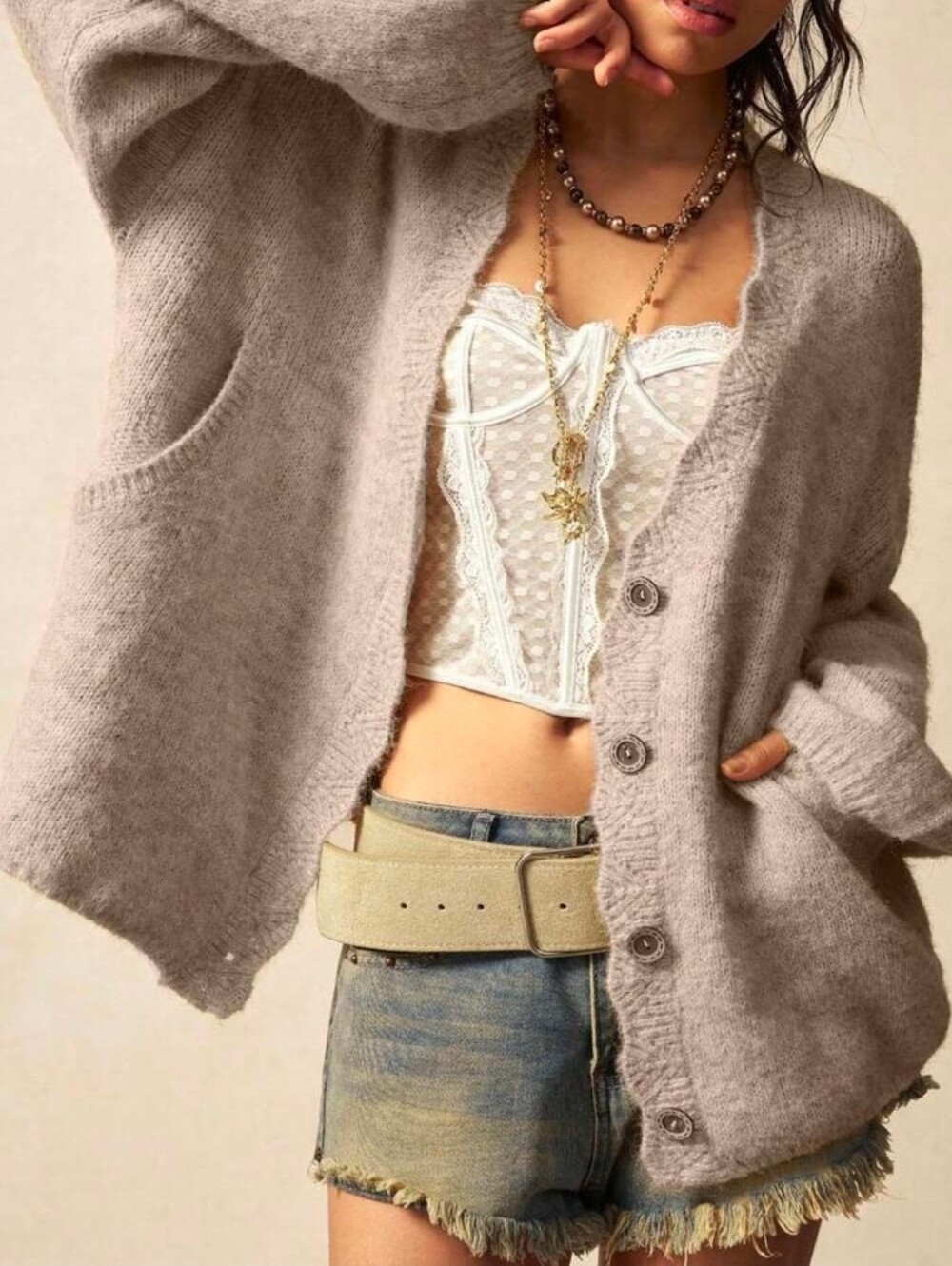 New Oversized Scalloped Trim Button Up Knit Cardigan Sweater Pockets Beige Tan - Picture 8 of 10